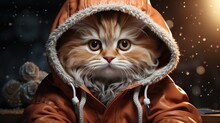 Cute Cat In A Jacket And Hood In The Snowy Winter For Christmas And New Year