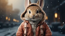 Cute Rabbit In A Jacket And Hood In The Snowy Winter For The Christmas And New Year Holiday