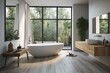 Modern bathroom with bathtub and accessories, large window. Generative AI