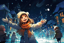 Illustration Of Cute Little Girl In Winter Outfit Fascinated Looking At Snowfall. Cartoon
