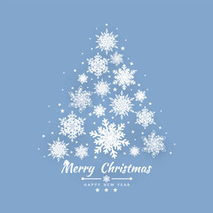 Wall Mural - Merry Christmas and Happy New Year background with Christmas tree made of snowflakes. Vector illustration