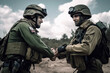 Two warring soldiers shake hands and make peace on battlefield