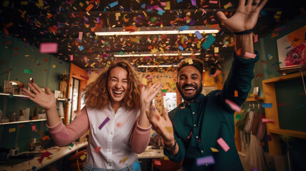 Wall Mural - Coworkers in vibrant co-working space high-fiving surrounded by colorful murals confetti.