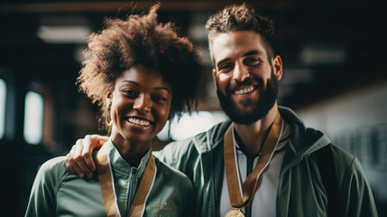 Pair in modern loft grateful and proud receiving custom-designed medals.