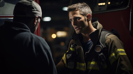 Wall Mural - Firefighter and paramedic share a grateful look after successful collaboration.