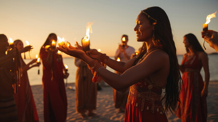 Wall Mural - Two friends one South Asian and the other Native American release lanterns at a beach celebrating unity amidst cultural diversity.