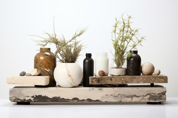 Wall Mural - A product display shelf with natural stone detail on a white background. Generative AI