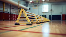 Agility Ladder Rungs On Gym Floor With Equipment In Background No Individuals.