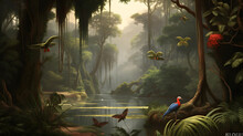 Wallpaper Jungle And Leaves Tropical Forest Mural River And Birds Butterflies, Vintage Digital Painting Illustration
