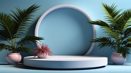 Wall Mural - Minimal abstract blue-white background for the presentation of a cosmetic product. Premium podium with a shadow of tropical palm leaves on a blue wall and white table. Generative AI art