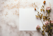 Blank White Card Mockup With Dried Flowers On Beige Background. White Marble Background With Dried Flowers And Copy Space. Flat Lay. Flowers Composition. Frame Made Of Flowers Background. Top View