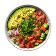Top View of Poke Bowl with Tuna and Avocado Isolated on Transparent or White Background, PNG