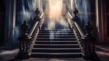 A Spooky Mansion At Night. Spooky Staircase With Fog And A Glowing Ghostly Apparition. Halloween Mansion Horror