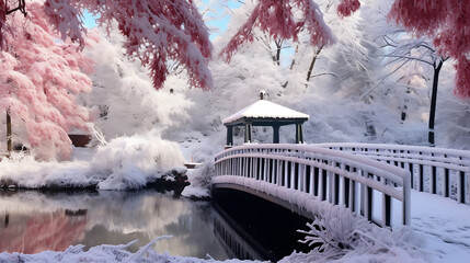  A snow-covered bridge in a park