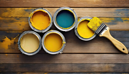 Wall Mural - Paint cans with colorful paints and a paintbrush over weathered wooden floorboard.