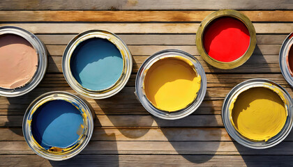 Wall Mural - Paint cans with colorful paints over weathered wooden floorboard with sunlight.