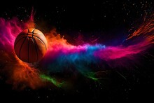 Scattered Colors On Black Background With Basket Ball