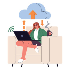 Wall Mural - cloud storage concept. internet service for backup digital data. manager, worker download, upload in