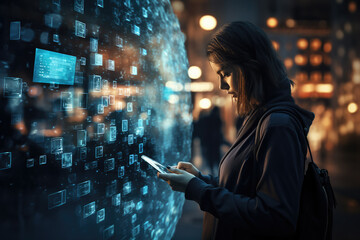 Woman using Artificial intelligence new technology with a digital tablet