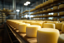 Fresh Cheese Heads On Shelves In Factory