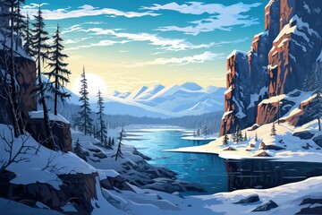 Wall Mural - beautiful mountain and river nature landscape in winter illustration