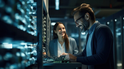 programmer with an engineer working in the database system network room