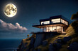 Modern house with large windows on a cliff, night in the background, full moon, some clouds and stars in the sky
One shooting star, 3d Generative AI
