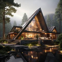 Sticker -  Futuristic mountain retreat bathed in morning mist 
