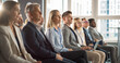 © Gorodenkoff - Caucasian Woman Sitting in Crowded Audience at Human Resource Conference. Female Delegate Focused On Presenter. HR Manager Listening to Inspirational Entrepreneurship Presentation About Social Studies