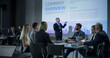 © Gorodenkoff - Corporate Event: Caucasian Male Tech CEO Giving Presentation To Colleagues, Investors In Conference Room Of Innovative Startup Office. Successful Man Talking About Business Vision And Mission.