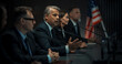 © Gorodenkoff - Caucasian Male Organization Representative Speaking at Conference in Government Building. Head Of USA Delegation Delivering a Speech at an International Political Summit. Diverse Delegates Listening.