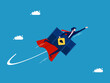 © Nastudio - Recover from the commodity crisis. Businessman hero holding a gas tank flying in the sky. Vector