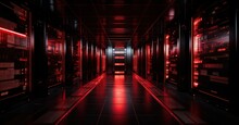Dramatic Capture Of A Server Room With Red Alert Lights Indicating A Breach