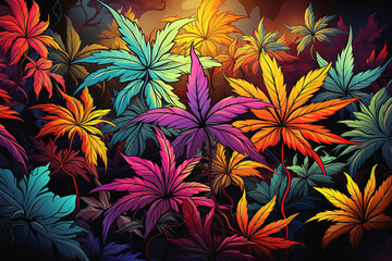 cannabis marijuana leaves on bright rainbow hallucinogenic neon psychedelic background