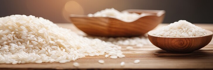 Pure rice grain in wooden plate and rice on the table