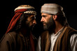 An Israeli and an Arab look at each other intently. The concept of confrontation and enmity between Israel and Palestine