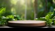Wood podium table top outdoors blur green monstera tropical forest plant nature backgroundBeauty cosmetic healthy natural product placement pedestal displayspring or summer jungle paradise