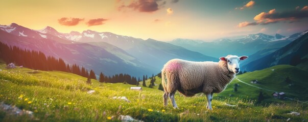 Wall Mural - Sheep animal in the nice green and healthy landscape high in mountains, panorama. Generative Ai