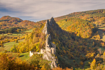 Wall Mural - View of autumn landscape with The Lednica medieval castle in the White Carpathian Mountains, Slovakia, Europe.