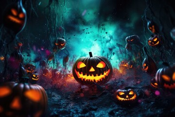 Wall Mural - Halloween wallpaper with scary forest pumpkins and bats, american saints-day. Generative Ai.