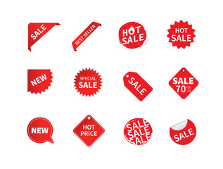 Wall Mural - Set of sale tags. Ribbon sale banners. Red ribbon price and discount labels. Red starburst stickers. Vector illustration