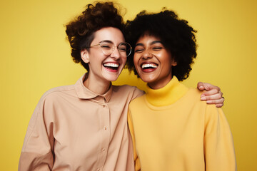 Wall Mural - Two friends laughing together against a bright sunny yellow studio background