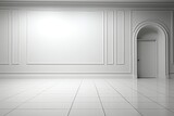 Fototapeta Perspektywa 3d - An abstract background image of a minimalist interior with a white wall featuring an arched entrance, creating a simple and elegant design. Photorealistic illustration