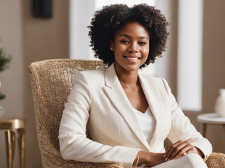 happy young african american young woman sitting in her chair smiling