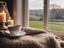 Winter Holidays, Calm And Cosy Home, Cup Of Tea Or Coffee Mug And Knitted Blanket Near Window In The English Countryside Cottage, Holiday Atmosphere