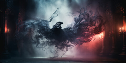 Wall Mural - Mysterious fantasy ghost raven coming out of the smoke