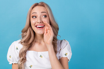 Poster - Photo of tricky funky lady wear white blouse arms mouth looking empty space isolated blue color background