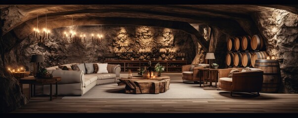 Poster - Modern luxury underground interior of old cellar with wine wooden barrels, panorama. Generative Ai.