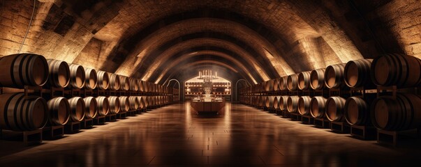 Poster - Modern luxury underground interior of old cellar with wine wooden barrels, panorama. Generative Ai.