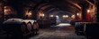 Modern luxury underground interior of old cellar with wine wooden barrels, panorama. Generative Ai.